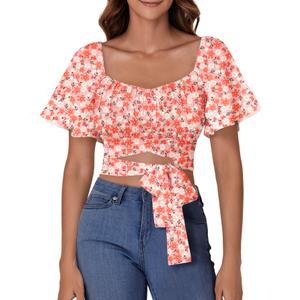 Rooscier Women's Ruched Wrap Ruffle Flare Square Neck Short Sleeve Self Tie Crop Top Blouse Floral Pink Small (S)