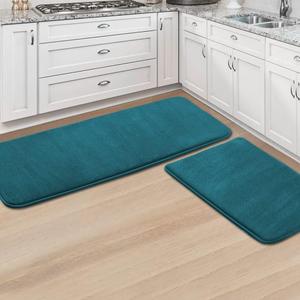 H.VERSAILTEX Kitchen Mat Non Slip Memory Foam Flannel Velvety Runner Rug Water Absorbent Soft Kitchen Rugs Set for Floor Standing Rugs(47" x 17" + 24" x 17", Dark Teal)