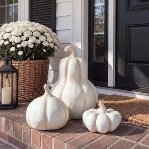 AceOrbit 3 Pcs Fall Decor Outdoor Handmade Terracotta Pumpkins, Beige, 2.6 x 9.1 inch; 6.7 x 6.3 inch; 3.5 x 5.1 inch