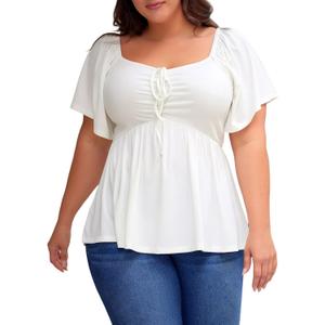 Eytino Women Plus Size Sweetheart Neck Short Sleeve Shirred Peplum Blouse Tops Shirts(1X) (White)