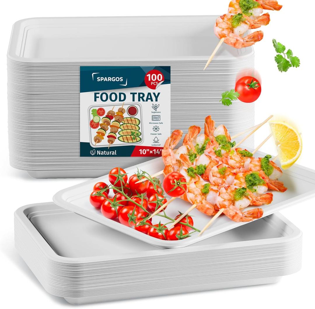 100 Pack 14 Inch Heavy Duty Disposable Food Trays Compostable Large Paper Plates Tray Set Natural Material Biodegradable for Party Serving Crawfish Lobster Crab BBQ Holiday Feast Seafood Supplies
