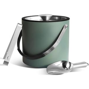 Bakpoco 3L Ice Bucket with Silicone Lid, Scoop, Tongs & Strainer, Stainless Steel Double Wall Insulated Ice Buckets for Parties & Cocktail Bar, Outdoor Champagne Ice Container Bin, Dusty Green