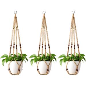 Mkono Macrame Plant Hanger Indoor Hanging Planter Basket with Wood Beads Decorative Flower Pot Holder No Tassels for Indoor Outdoor Boho Home Decor 35 Inch, Brown, Set of 3 (POTS NOT Included)