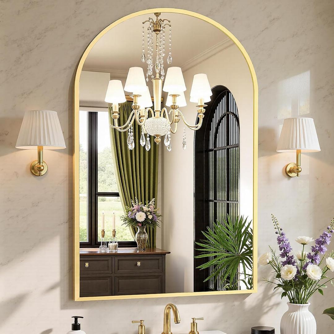 Sweetcrispy 26.5"x38" Arched Gold Bathroom Vanity Mirror for Over Sink, Wall Decor Mirror for Entryway, Bedroom, Living Room