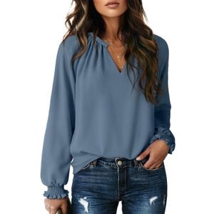 Dokotoo Blouses for Women Dressy Casual Flowy Boho Tops V Neck Long Sleeve Shirts Spring Outfits 2026 (Medium, Grey Blue)
