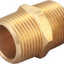 3/4 Inch NPT Brass Nipple Male Pipe Fitting Adapter, Hex Nipple, (3/4 inch x 3/4 inch NPT Male, 2 Piece), Straight Connector Pipe Fitting, Thread 1" OD to 1" OD