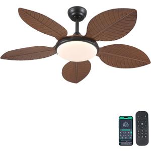 Ceiling Fans with Lights and Remote/APP Control, 48 Inch Tropical Ceiling Fan for Bedroom Living Room, Outdoor Palm Leaf Ceiling Fan for Patios Porch, Dimmable, 6 Speeds, Reversible, Brown