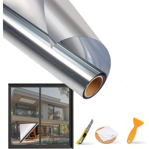 One Way Window Privacy Film Daytime Privacy Anti UV Reflective Heat Control Static Cling Without Glue Window Tint for Home and Office with 4 Free Tools (Silver, 35.4x157.4 Inches)