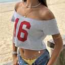 SOLY HUX Women's Off The Shoulder Graphic Tees Number Print Jersey Crop Top Vacation Outfit (Green, M)