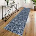 KUTA Boho Runners for Hallways 2x8 Navy Blue Moroccan Washable Runner Rug Non-Slip Vintage Kitchen Rugs Ultra Soft Distressed Geometric Floor Carpet for Bedroom Laundry Living Room