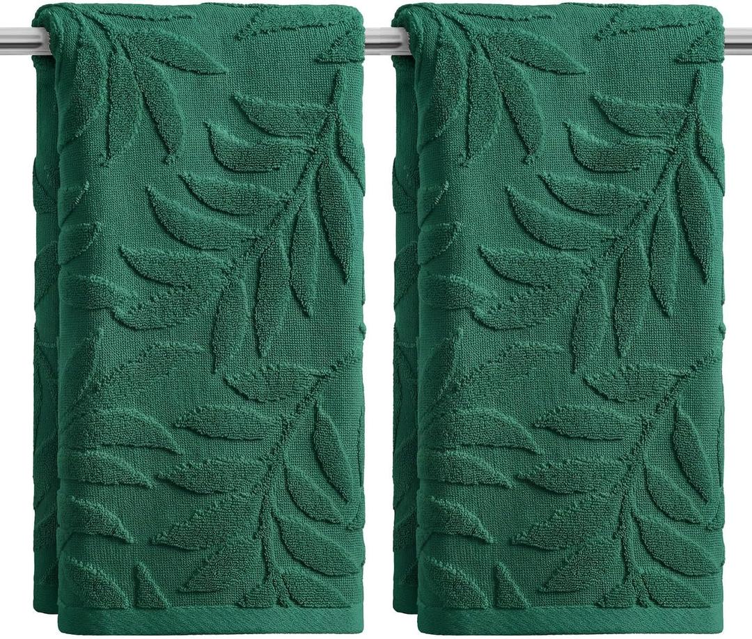 Artoid Mode 2 Pcs Dark Green 3D Leaves Jacquard Hand Towels for Bathroom, 100% Cotton Soft Absorbent Bathroom Decor Towels, 13.7 x 29.5 Inch