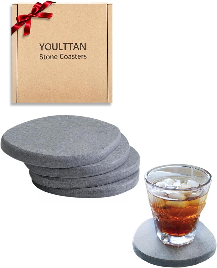 Diatomaceous Earth Coasters, 4pc Set  3.9"x3.9", Quick-Dry, Absorbent, Heat-Resistant, Modern Stone Design, Dark Gray, Irregular Shape