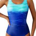 Aleumdr Womens Color Block Print One Piece Swimsuits Athletic Training Swimwear Bathing Suits (X-Large, Blue Ew)