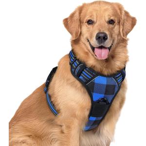 rabbitgoo Dog Harness No Pull with 2 Leash Clips, Adjustable Soft Padded, Reflective Oxford No Choke Pet Vest with Easy Control Handle for Large Dogs, Blue Plaid, XL