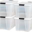 IRIS USA 72 Qt Stackable Plastic Storage Bins with Lids, Pack of 4 - BPA-Free, Made in USA - Discreet Organizing Solution, Latches, Durable Nestable Containers, Secure Pull Handle - Pearl