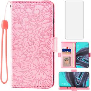 Compatible with OPPO Reno 2 Wallet Case and Tempered Glass Screen Protector Card Holder Stand Credit ID Slot Magnetic Leather Flip Cell Accessories Phone Cover for Reno2 2019 Women Men Rose Gold