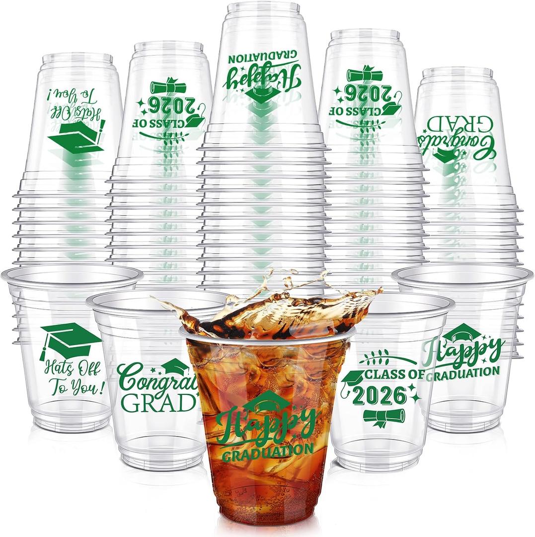 Eaasty 100 Pcs 12oz Graduation Cups 2026 Disposable Plastic Cups for Class of 2026 Graduation Party Congrats Grad Elegant Party Supplies Tableware Decorations (Green)