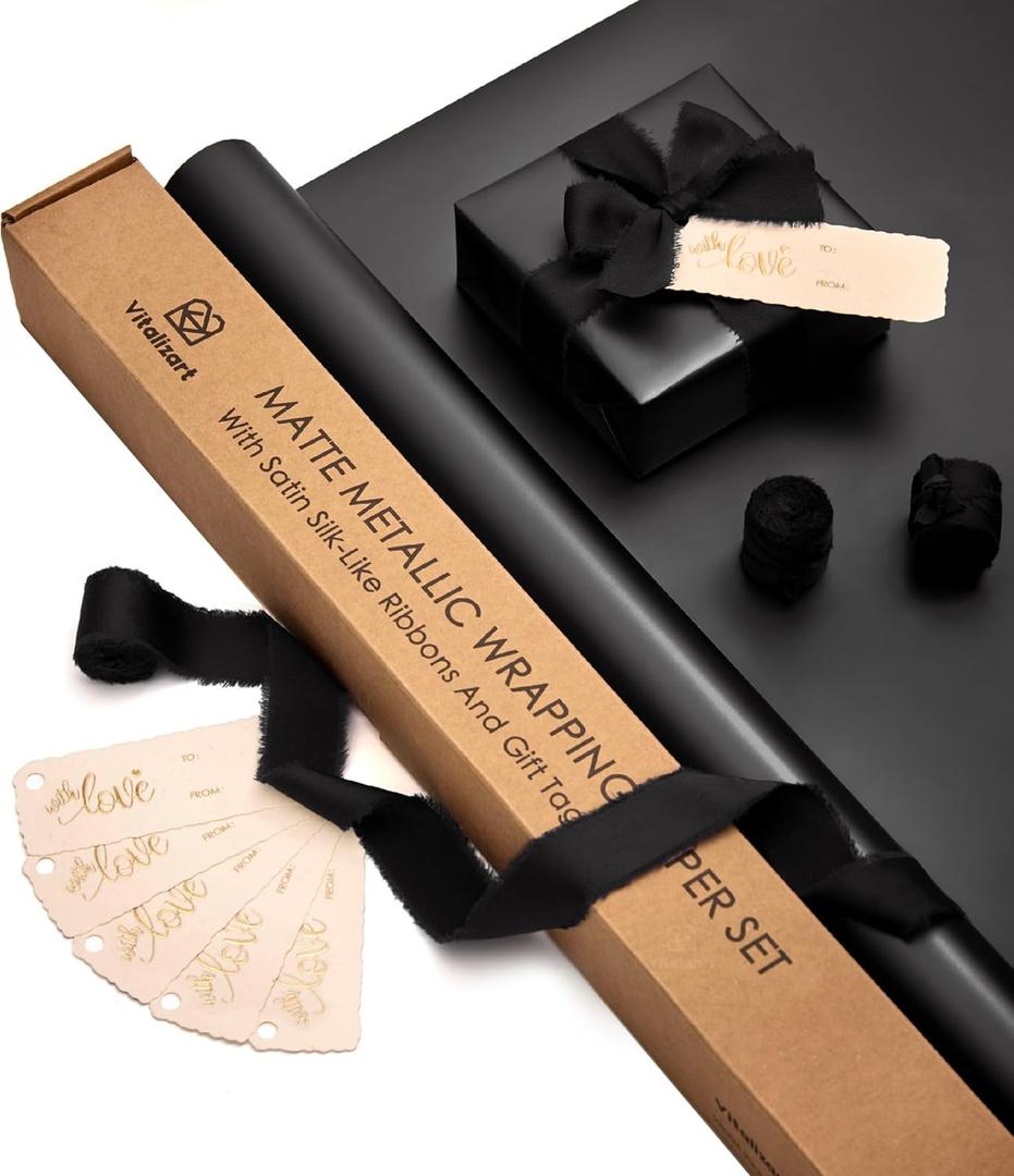 Vitalizart Black Matte Metallic Wrapping Paper Set 30" With Silk Satin Ribbon & Gift Tags Christmas Gift Wrapping Birthday Baby Shower Wedding Bouquets Handmade Crafts 197"(16.4 Ft) Black Ribbon Vitalizart Black Matte Metallic Wrapping Paper Set 30" With Silk Satin Ribbon & Gift Tags Christmas Gift Wrapping Birthday Baby Shower Wedding Bouquets Handmade Crafts 197"(16.4 Ft) Black Ribbon