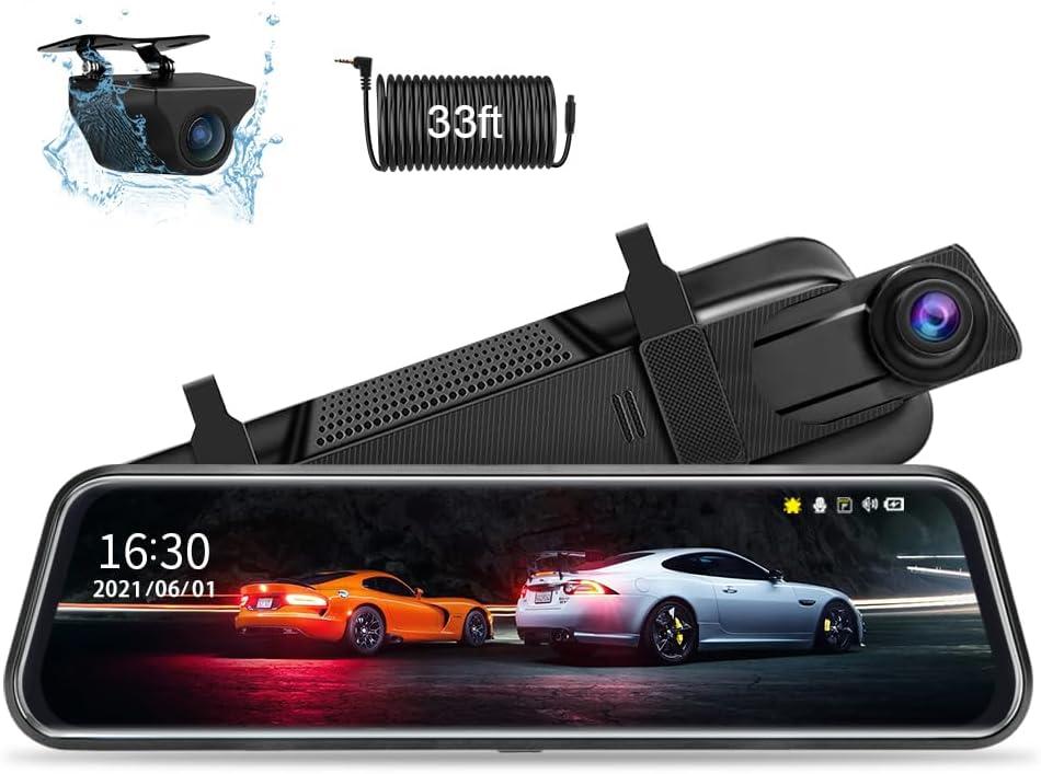 Upgraded 10'' Rear View Mirror Camera Mirror Dash Cam Front and Rear 1080P Backup Camera Full Touch Screen w Loop Recording, G-Sensor Night Vision 170 Wide Angle