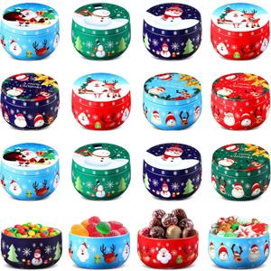 Mumufy 24 Pcs Christmas Cookie Tins 8 Styles Candy Tinplate Retro Tins Candle Tin Storage Containers Metal Cookie Jars Round Nesting Containers for DIY Candles, Dry Storage, Spices, Tea, Candy