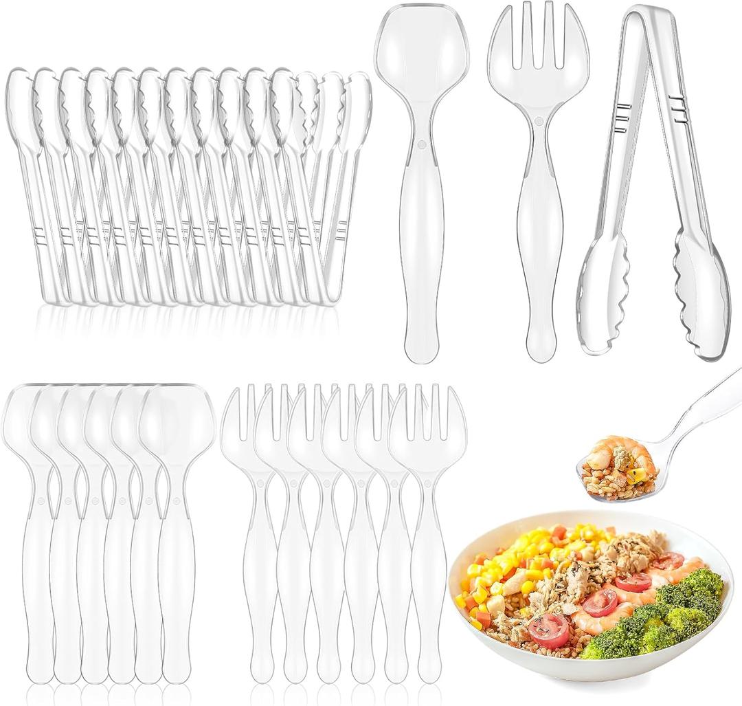 Mwellewm 36Pcs Serving Utensils Large Plastic Serving Utensils Set Serving Spoons for Buffet Clear Disposable Plastic Tongs 8.5'' Heavy Duty Slotted Spoons/Forks Supplies for Party Food Salad Soup