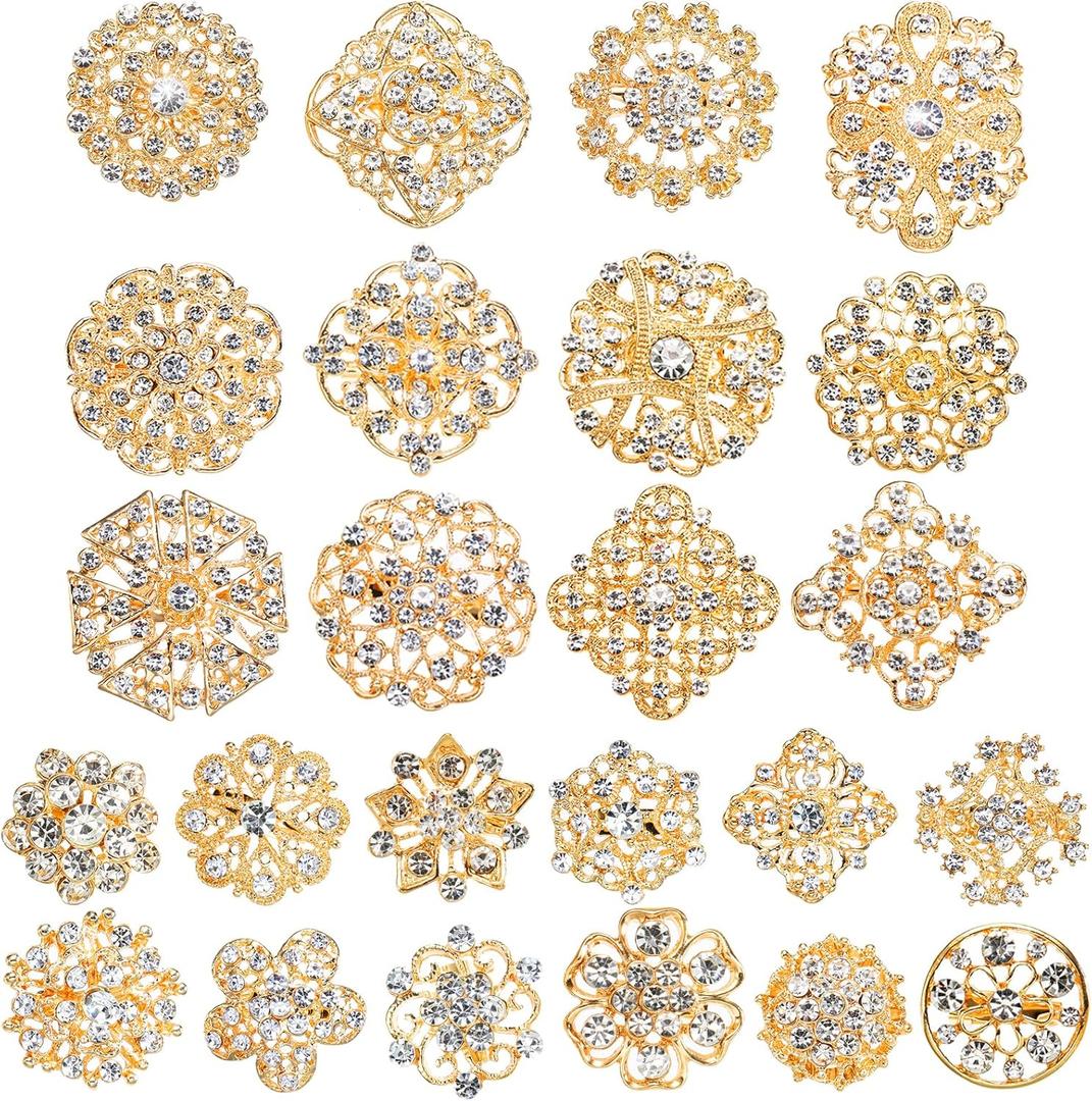 Hiceeden 24 Pieces Gold Crystal Brooches for Women, Rhinestone Brooches and Pins Flower Brooch for Crafts, Diamond Pins for Flower Wedding Bouquet Pins Set