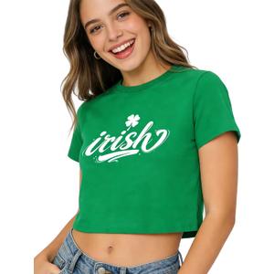 St Patricks Day Shirt Women Crop Top Green Sexy Saint Paddy's Day Outfit Funny Shamrock Lucky Tshirt Irish Clover Tee, S