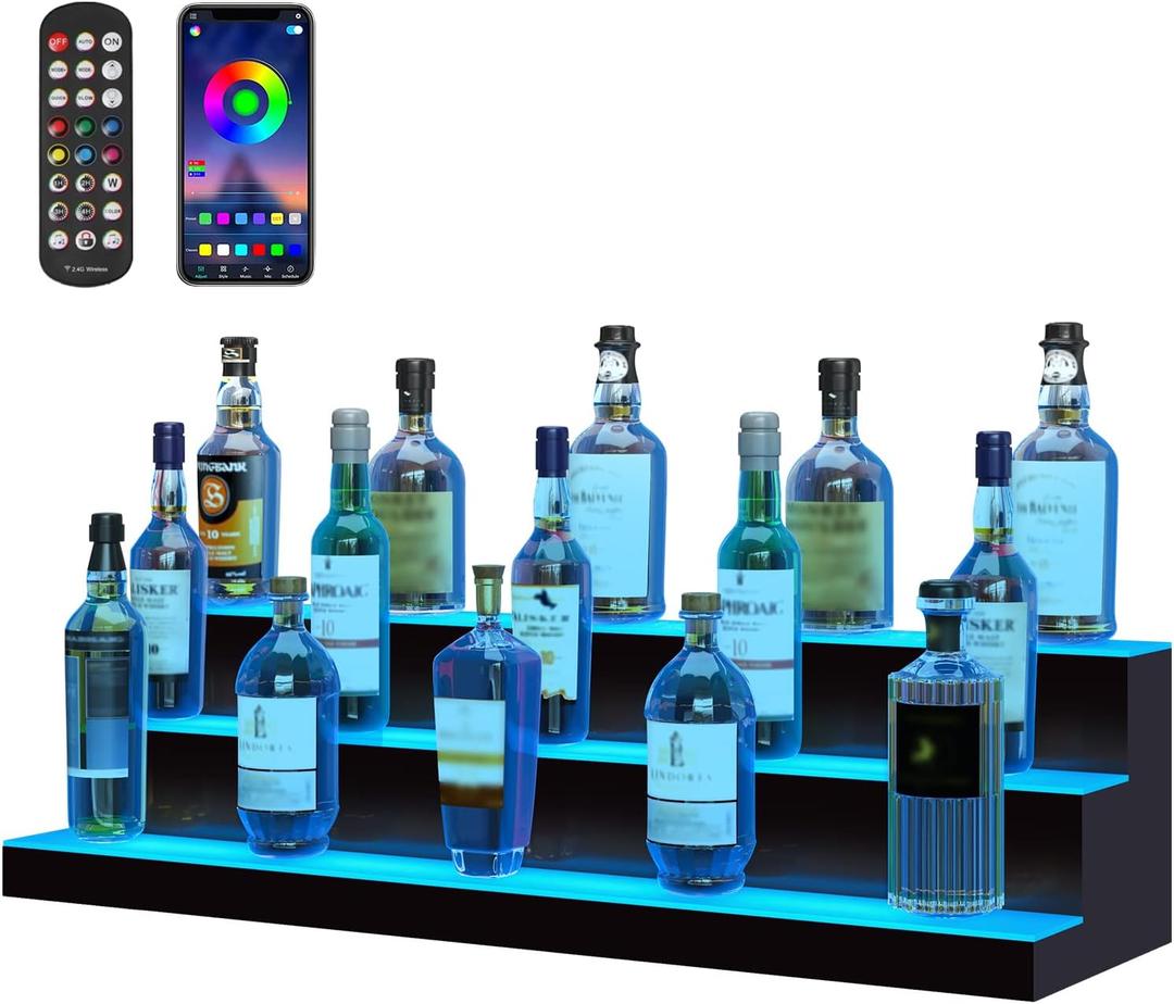 VEVOR LED Lighted Liquor Bottle Display, 3 Tiers 40 Inches, Supports USB, Illuminated Home Bar Shelf with RF Remote & App Control 7 Static Colors 1-4 H Timing, Acrylic Lighted Shelf for 30 Bottles