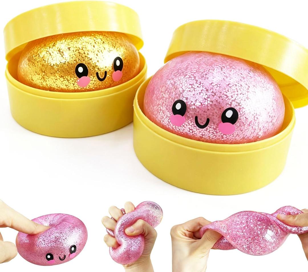2 Pack Mini Dumpling Squishy Fidget Toys, Glitter & Bead Filled Stress Balls, Soft Slow Rising TPR Smiley Squeeze Toy, Tear-Resistant Sensory Toy for Stress Relief, Party Favors (Pink & Gold)