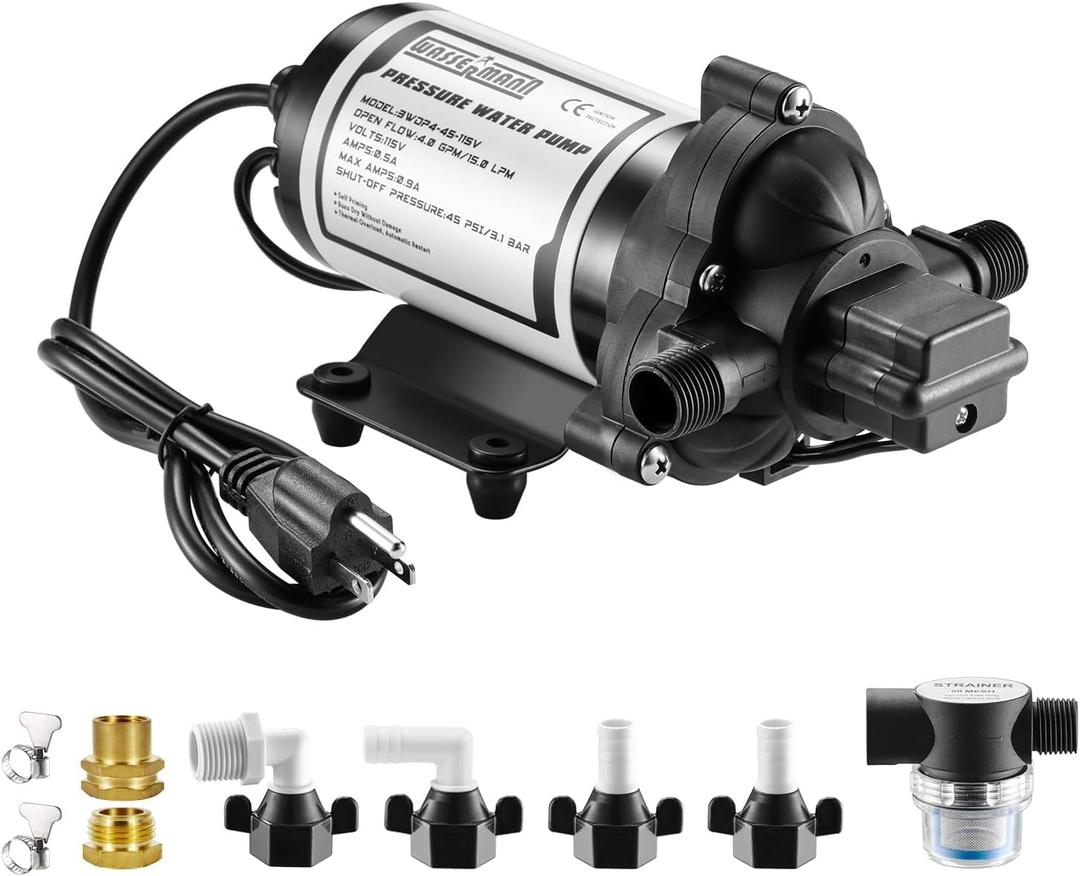 WASSERMANN RV Water Pumps 115V AC Pressure Pump with Pressure Switch, Self-priming Water Pump 4.0GPM 45PSI, Fresh Water Pump for RV, Kitchen Barthroom Camping Marine Yacht Garden Diaphragm Pump115volt