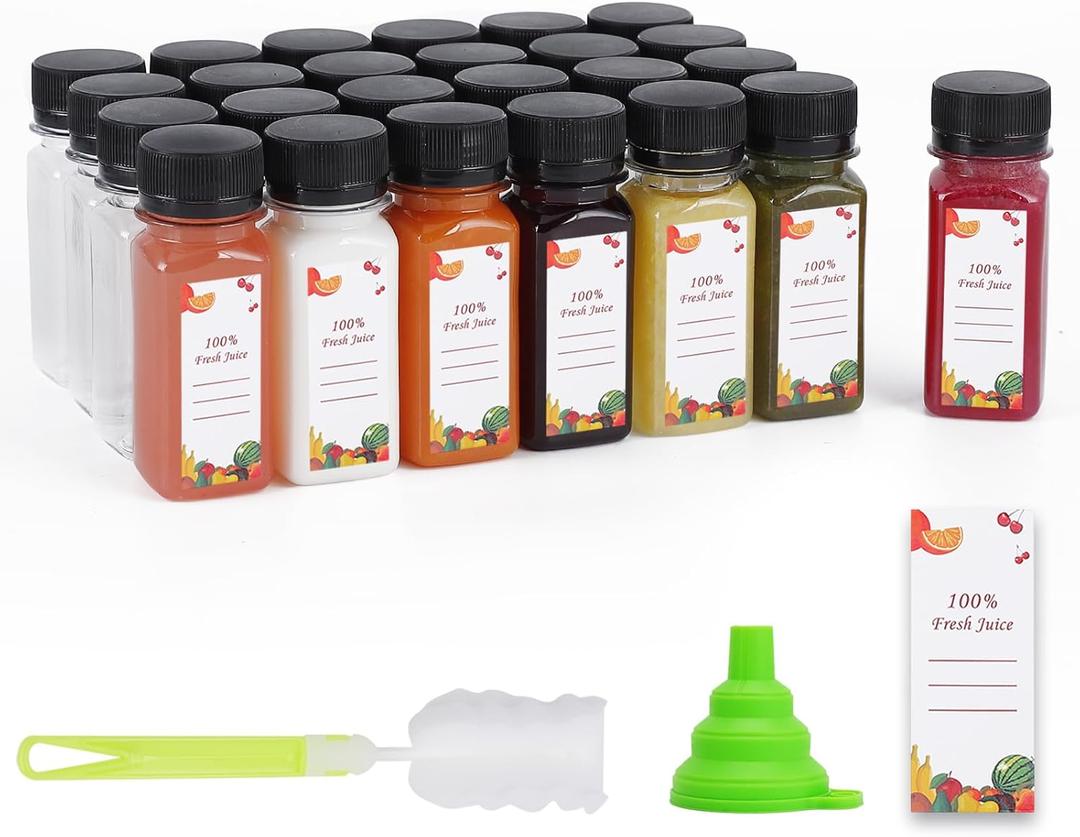Plastic Juice Bottles 150 pcs 2 oz Empty Plastic Water Bottles with Caps Reusable Clear Beverage Containers for Drinking, Juicing, Smoothie, Water with 2 Brushes, 2 Funnels, 160 Stickers