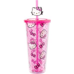 Silver Buffalo Sanrio Hello Kitty Plastic Cold Cup with Lid and Straw Topper, 24 Ounces