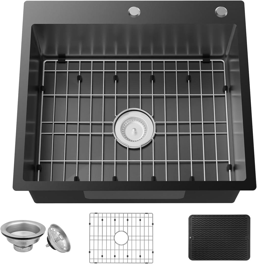 Black Kitchen Sink,25x22 Inch Kitchen Sink Stainless Steel Drop In Kitchen Sink Topmount Stylish and Modern Look Sink With Bottom Grid,Silicon Mat And Drain Assembly Add Elegance & Enhance Usability