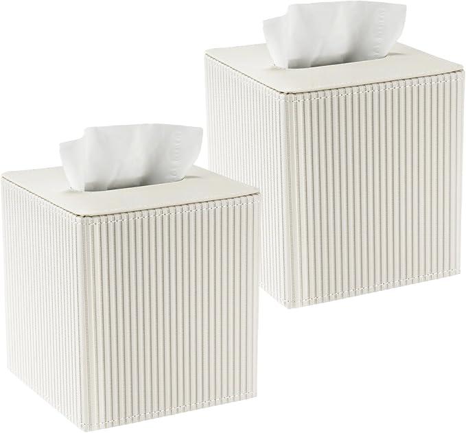 2 Pack Premium PU Leather Tissue Box Cover Set, Magnetic Closure Square Tissue Holder Bulk for Home & Office - Modern Desk & Bathroom Decor, Milky Yellow