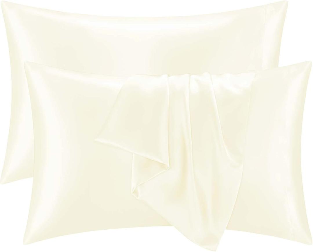 Q&J Fabric Co. Satin Pillowcase King, Beige Pillow Cases Set of 2, Smooth and Cooling Similar to Silk Pillowcases with Envelope Closure, King Size Pillow Covers for Hair Care, 20x36 Inch