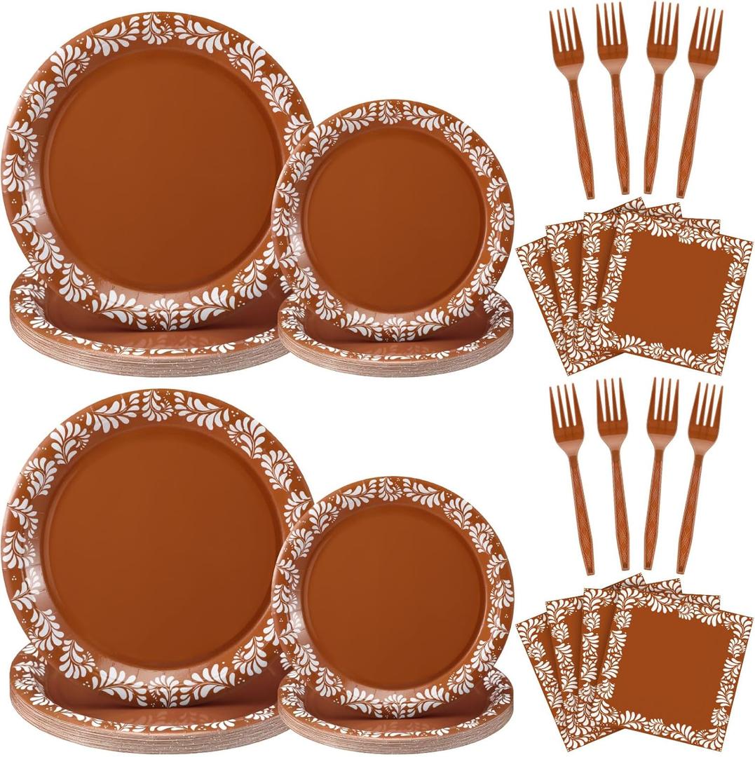 96 Pcs Cielito Lindo Party Decoration Platos De Barro Mexicanos Fiesta Paper Plates Mexican Napkins Forks Tableware Set Weeding Christmas Baby Shower Supplies, Serve 24(Brown,Floral)