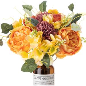ASTRYAS 2 Bundles Fall Peonies Artificial Flowers Bouquet, Fake Roses Silk Mums Fall Floral Arrangements for Autumn Home Decor Indoor Living Room Kitchen Table Centerpieces Decoration (Vibrant Yellow & Orange)