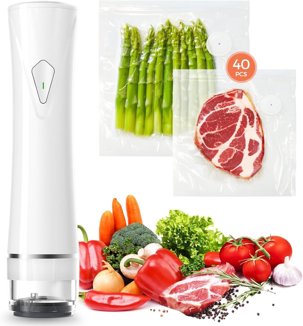 Vacuum Sealer Set (Vacuum Sealer Machine + 40 Bags) Powerful Handheld Vacuum Sealer with Visual Water Tank, Waterproof Compact Protable 10X Preservation & Fresh