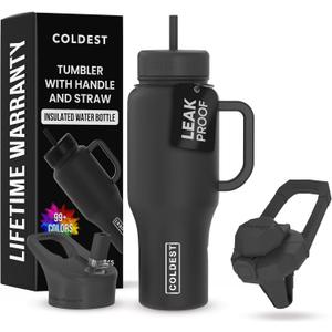 Coldest 40 oz Tumbler with Handle and Straw - 100% Leak Proof Insulated Tumbler with Lid and Straw (3 Lids) - Stainless Steel Tumblers for Women & Men - Cup Holder Friendly Base, 36 oz (Stealth Black)