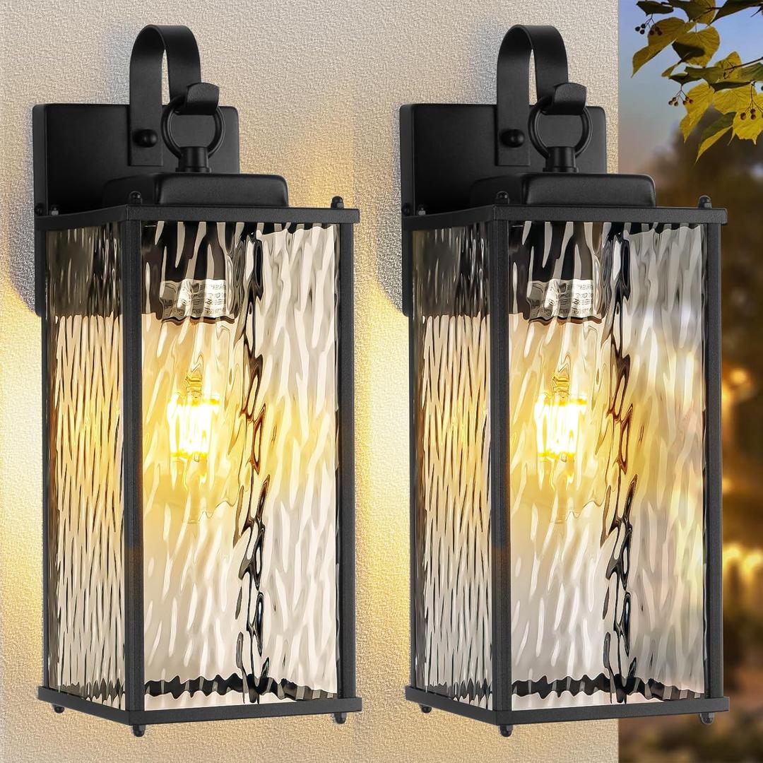 Outdoor Lights for House with Water Ripple Glass Modern 2-Pack, IP65 Waterproof Porch Lights Outdoor Wall Sconces Matte Black Patio Garage Coach Lighting Exterior Lanterns Wall Mounted, 15"