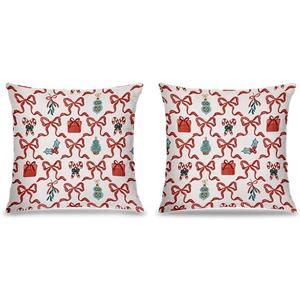 Red and Green Christmas Pillow Covers 18x18 Set of 2, Christmas Home Decor, Coquette Red Bow Xmas Candy Cane Holly Barry Gift Box Holiday Decorative Pillow Covers for Home Bedroom Living Room