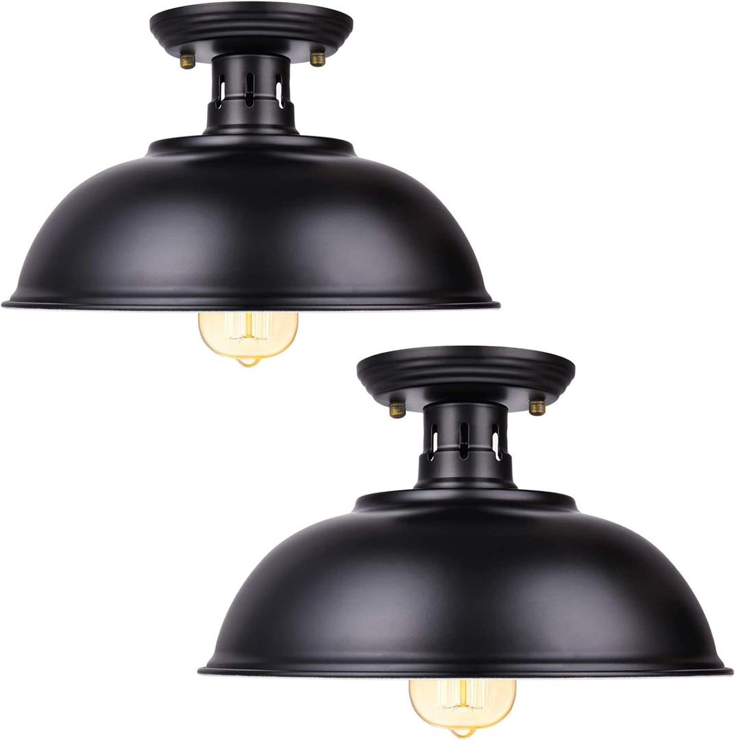 Vintage Rustic Semi Flush Mount Light, Farmhouse Black Ceiling Fixture, Industrial Lights for Hallway, Stairway, Foyer, Kitchen, Porch, Entryway (2 Pack)