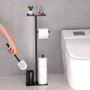 Modern Bathroom Toilet Paper Holder Stand, Black Metal, with Storage Shelf, Brush Holder, 3-Roll Storage, Freestanding Design