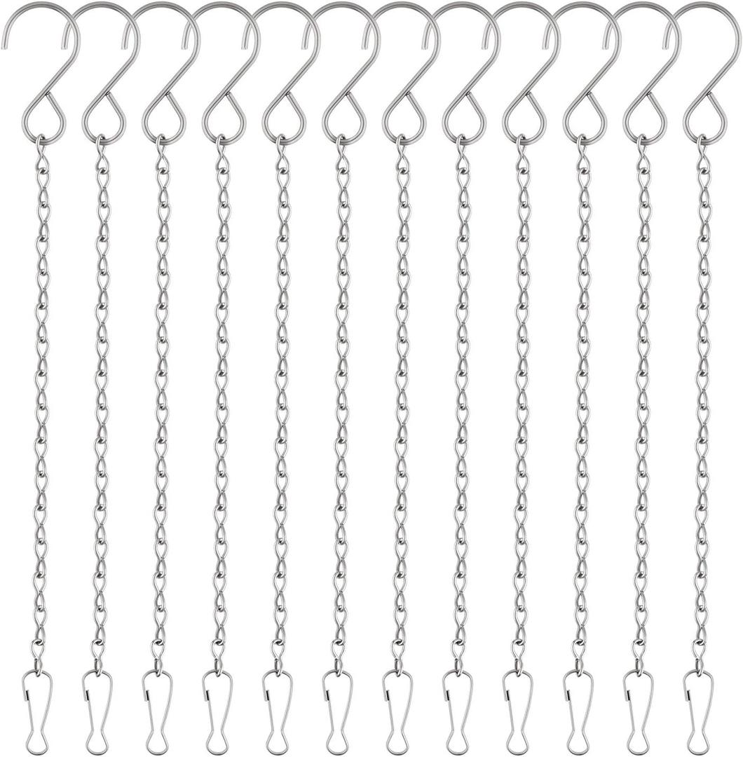 FEPITO 12 Pack Hanging Chains, 10 Inch Hanging Basket Chains, Garden Plant Hangers Metal Chains with Hooks Clips for Bird Feeders, Wind Chimes, Lanterns, Planters, Decorative Ornaments