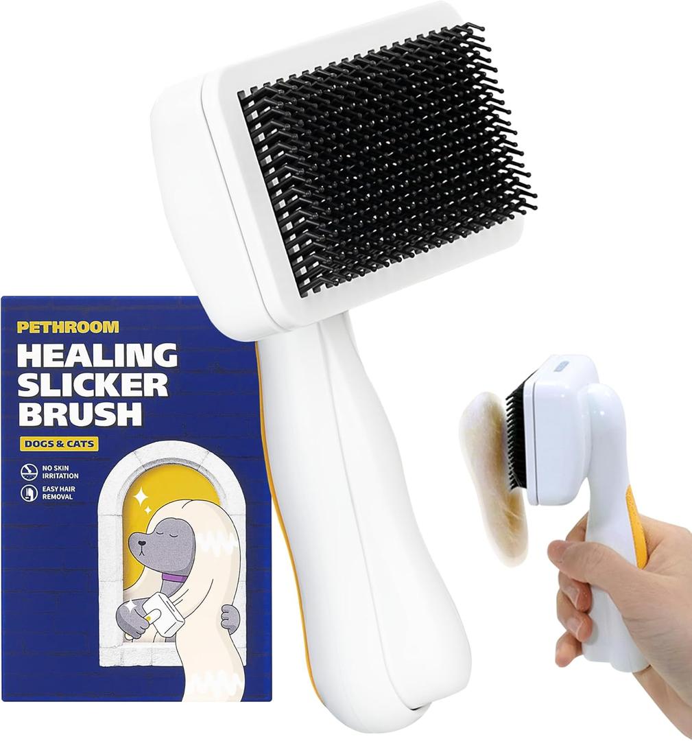 PETHROOM Self-Cleaning Slicker Brush for Dogs & Cats  Gentle Grooming & Deshedding Tool, Removes Mats & Tangles, Skin-Friendly Coated Tips, One-Touch Hair Removal Button