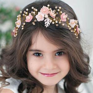Campsis Flower Girl Headpiece Pink Pearl Floral Headband Crystals Acrylic Leaf Bridal Wedding Hair Accessories for Girls
