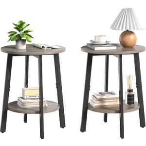 Side Table Set of 2, Small Round End Table with Storage Shelf for Small Space, 2-Tier Bedside Table Sofa Couch Table, Nighstands Set of 2 Accent Table for Living Room, Bedroom, Grey