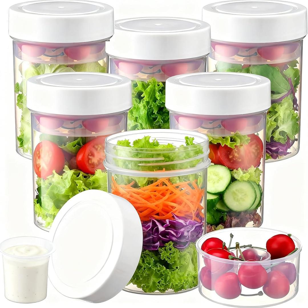 LemonRoad 6 Pack Plastic Salad Jars with Lids Meal Prep 32oz Clear Leakproof Container for Lunch 2 Built-in Compartments Wet/dry Separation Storage for Salad Dressing and Dry Ingredients