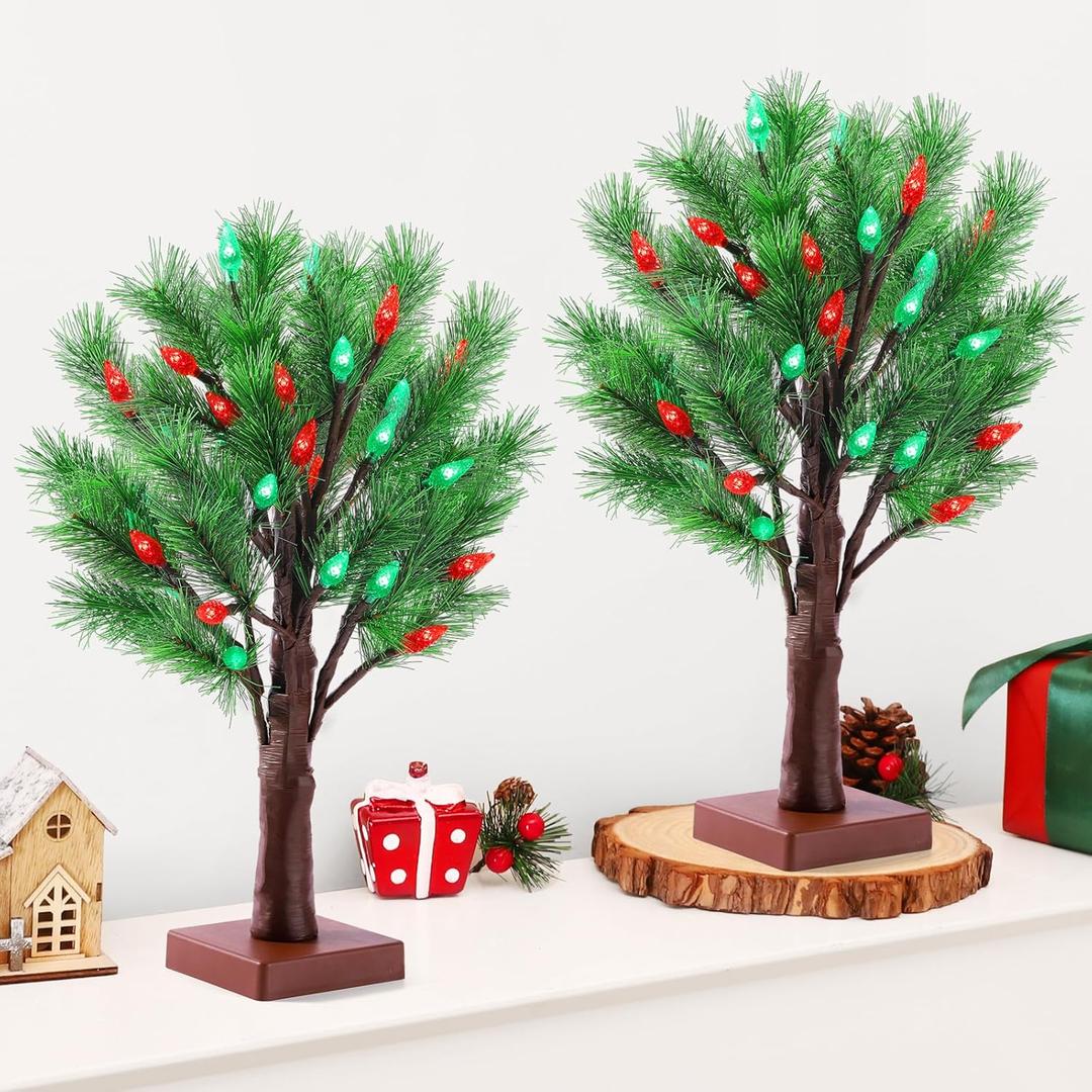 2 Pack Christmas Decorations Indoor Artificial Lighted Christmas Tree with C6 Strawberry,Total 48 LED Battery/USB Operated Pine Tree for Tabletop Fireplace Harvest Home Indoor Xmas Decor (Green)