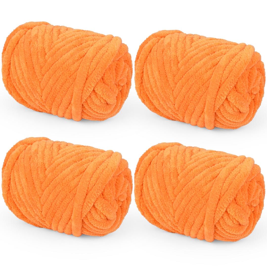 Orange Chunky Yarn for Hand Knitting Blanket 4.4Lb, Soft Chenille Yarn for Crocheting, Bulky Fluffy Yarn for Knitting, Plush Thick Jumbo Crochet Yarn, 4 Big Pack, 1.1Lb Each Skein